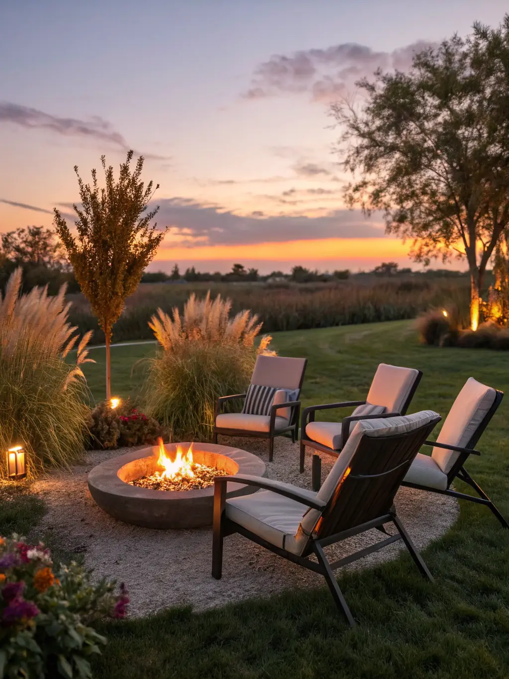 A beautifully designed outdoor living space with a stone patio, fire pit, and native plants, blending seamlessly with the surrounding mountain environment.