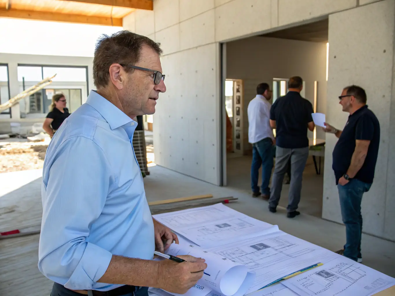 A project manager reviewing blueprints on a construction site in Brian Head, Utah, with a focus on organization, attention to detail, and effective communication with the construction team.