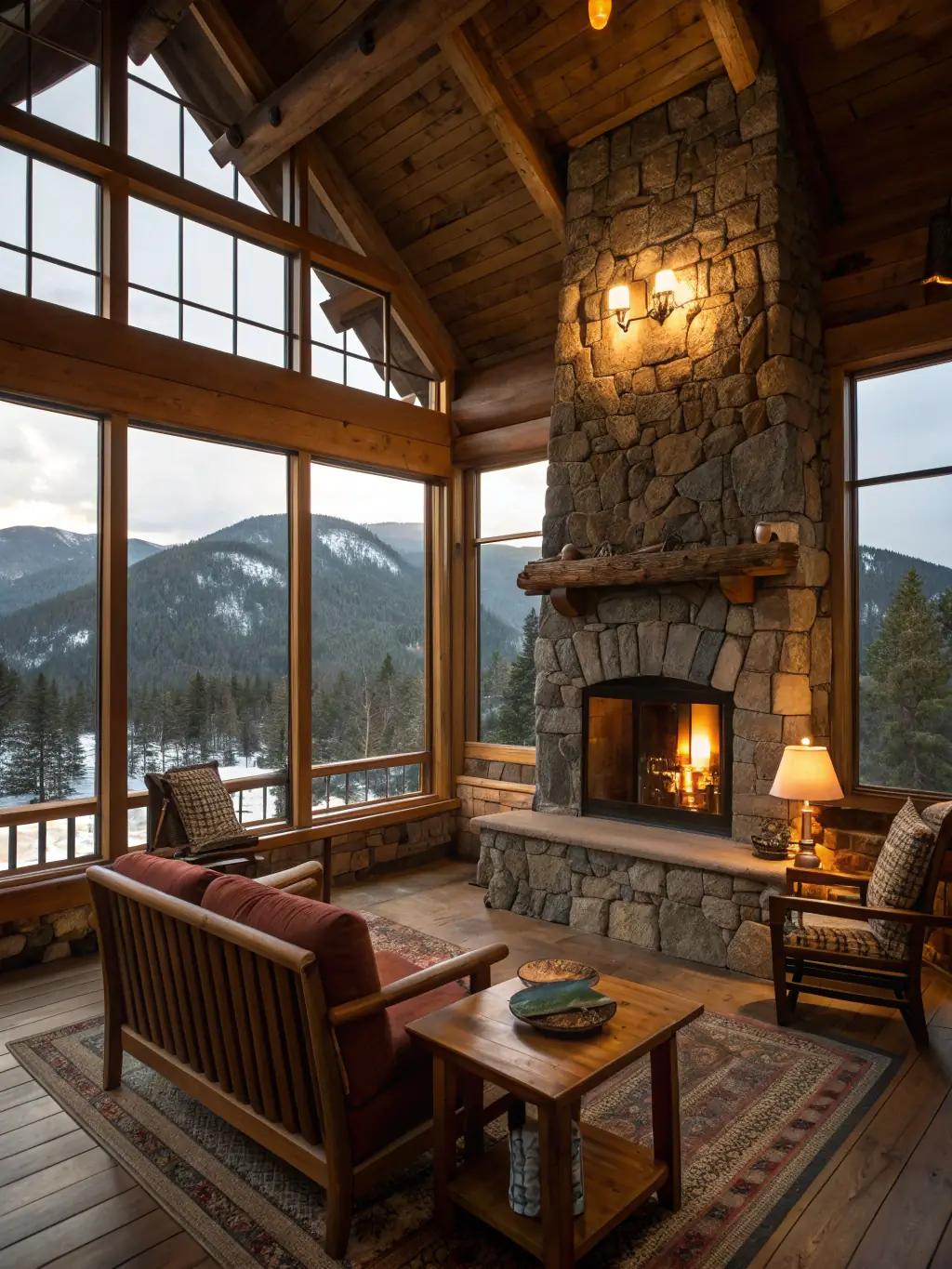 A luxurious interior of a mountain home, featuring a cozy fireplace, natural wood finishes, and elegant furnishings.