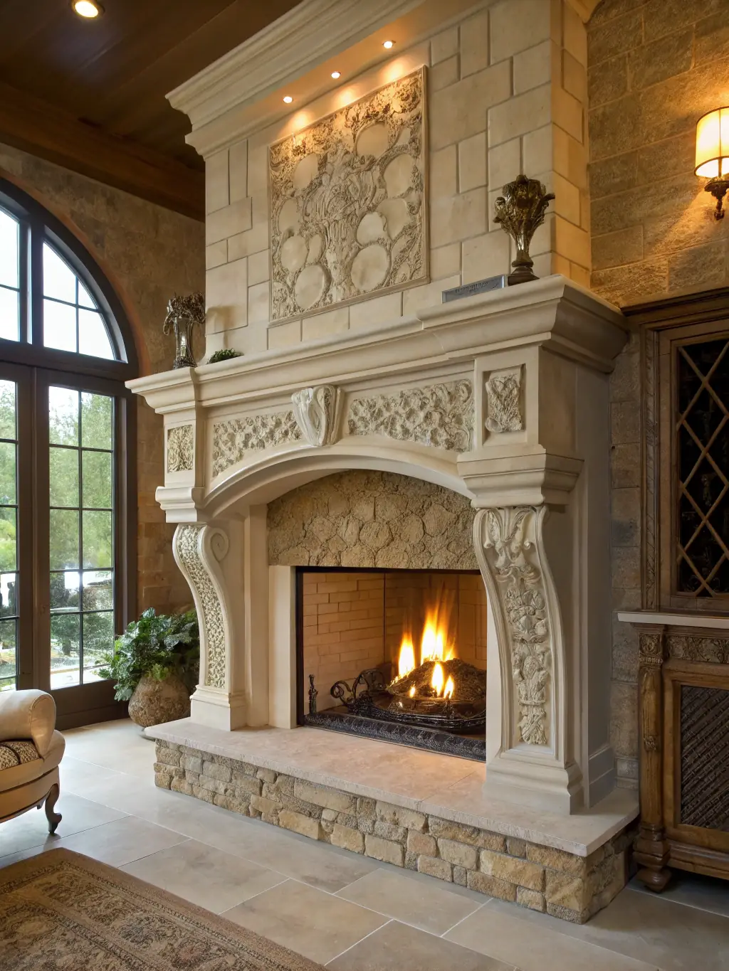 A luxurious living room interior with a stone fireplace and custom-built shelving, highlighting the interior design services offered by Brian Head Design & Construction.