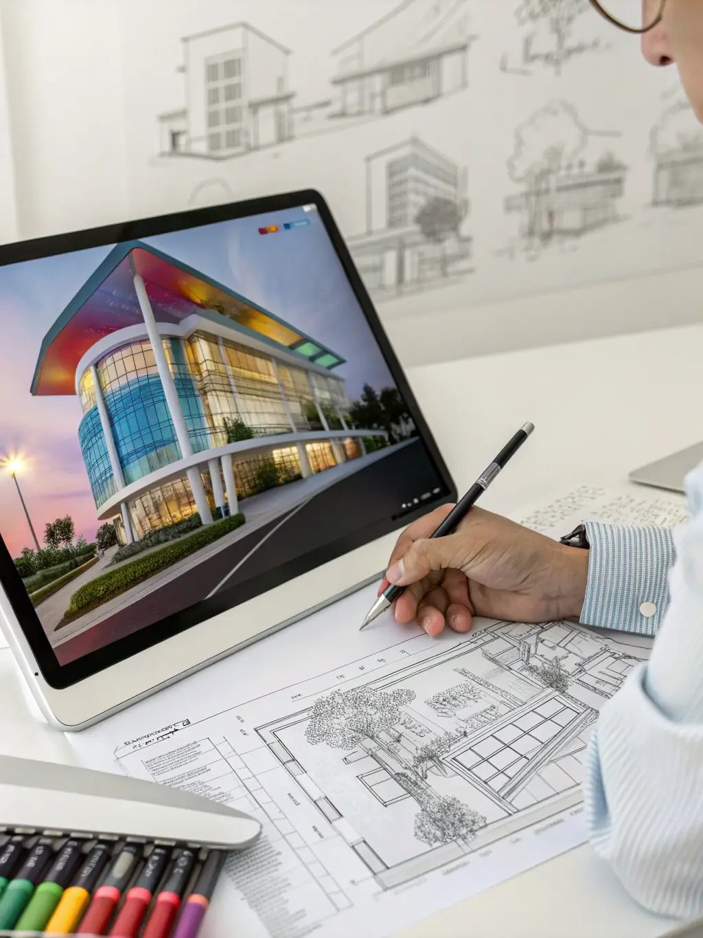 A 3D rendering showcasing the design process, from initial sketches to the final model, highlighting the collaborative approach with clients.